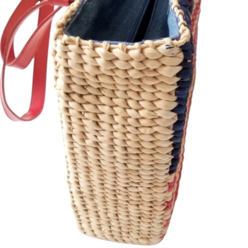 American Flag Straw Tote Bag Woven Patriotic Red White Blue Summer Beach Market - Picture 8 of 9